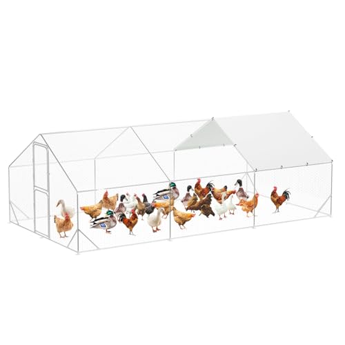Large Metal Chicken Coop with Run, 19.7L x 9.8W x 6.6H Walk in Poultry Cage Chicken Run Pen, Chicken Runs for Yard with Cover, Large Poultry Pen with Double Door and Waterproof & Anti-UV Cover