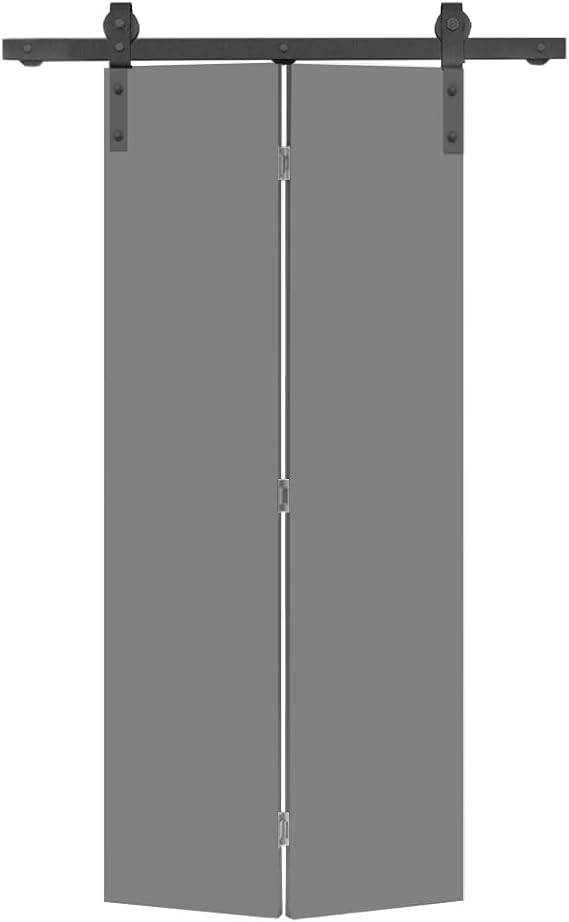 24 in. x 80 in. Light Gray Smooth Flush Hardboard Hollow Core Composite Bi-Fold Barn Door with Sliding Hardware Kit