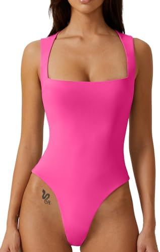 QINSEN Womens Sexy Square Neck Bodysuit Sleeveless Double Lined T Shirt Tops