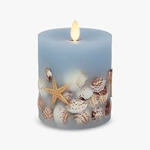 Luminara Flameless LED Candle Soft Chambray Embedded Seashell & Starfish Moving Flame Pillar Unscented Real Wax with Recessed Edge (4.5-inch)