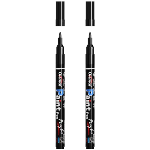Overseas Black Acrylic Paint Pens 2 Pack, 0.7mm Extra Fine Tip Permanent Markers, Water-Based, Quick Drying, Waterproof, Non Toxic Paint Markers for Wood, Metal, Rock, Plastic, Glass, Canvas, Fabric