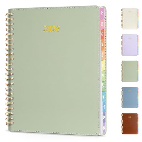 2026 Planner, Annecy Weekly & Monthly Planner 2026, Jan. 2026 Dec. 2026, 6.4 x 8.5 Monthly Agenda Planner with Tabs, Vegan Leather Cover, Spiral Binding, Double-sided Pocket, Bookmark, Green