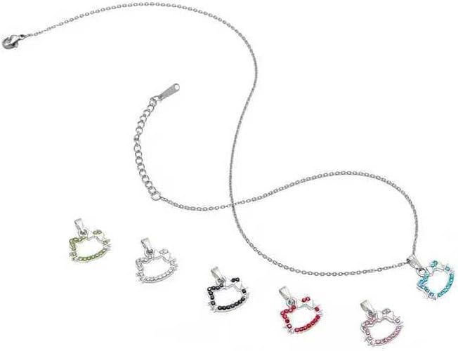 Charming Cat Face Pendant Necklace Set - 6 Interchangeable Crystal Charms