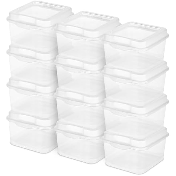 Sterilite 12-Pack FlipTop Stackable Square Small Storage Bin with Hinging Lid, Clear