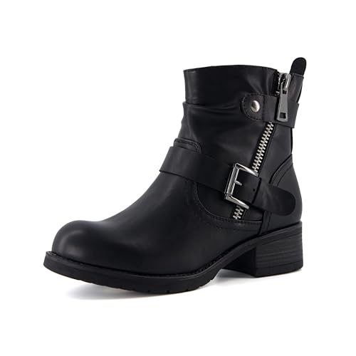 Dunes Max Motorcycle Womens Ankle Boots Comfortable Booties for Women with Zipper & Buckle, Combat Boots Style, Memory Foam, Wide Width Options