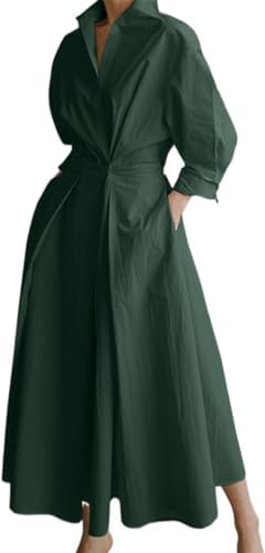 DMOYALA Women Green Solid Button Down Maxi Shirt Warp Dresses Ladies Collared Lapel Long Sleeve Smocked High Waist Shirtwaist Elegant A Line Plus Size Cotton Linen Shirtdress, Small