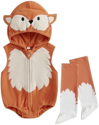 Baby Halloween Outfit Cute Sleeveless Fleece Cartoon Hooded Romper and Long Socks Set Newborn Outfit
