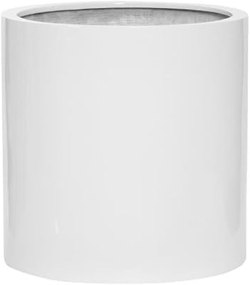 Shiny White Cylinder Flower Pot – 12 Inch Fiberstone Planter for Indoor & Outdoor Use | Modern Decorative Pot Without Drain Hole | Durable Lightweight Stone-Look Design for Home, Patio, or Office