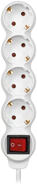 SIMON – Multiple Base, Flat Socket Strip, 4 Sockets of 16A, Plug with Ground Socket and On/Off Switch, 1.5 Metre Cable, White