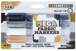 TULIP Mega Fabric Markers 4 Pack, Essentails for Light and Dark Fabrics, Bullet Tip