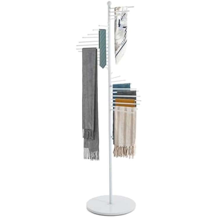 Freestanding Scarf Display Rack, Metal Scarf Racks Spiral Scarf Organizer with 30 Hanger Rods with Heavy Base, Hijab Hanger Holder Stand for Clothing Store Commercial Home, Office White