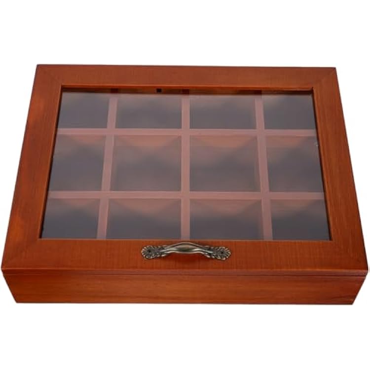 Kichvoe Wooden Tea Box Organizer with Acrylic Window Lid 12 Compartments Tea Bag Chest Tea Bag Holder Rack Storage Container Tea for Coffee Tea Sugar Sweeteners Creamer,10.24 x 7.68 x 2.36inch