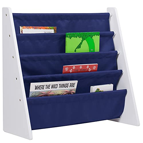 Wildkin Wooden Sling Bookshelf for Kids Premium Canvas Design with 4 Fabric Shelves, Organizer for Home or Classroom - White wBlue