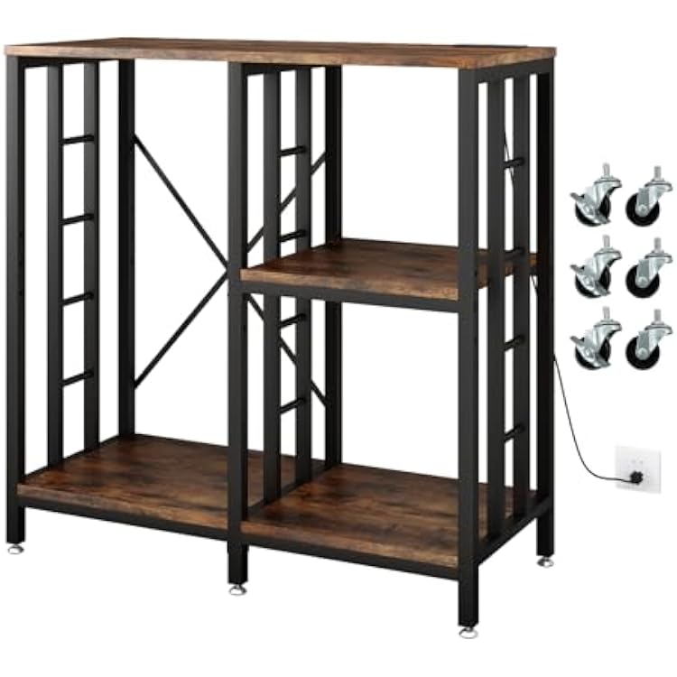 METYERRY Adjustable Kitchen Bakers Rack with Power Outlet,4-Tier Microwave Stand Kitchen Cart,Mini Fridge Stand with Storage,Bar Cabinet,Suitable for Office,Coffee Bar,Living Room,Patio,Rustic Brown
