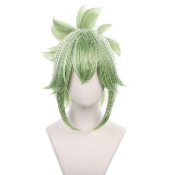 Anime Light Green Long Straight wig with Bangs & Ponytail Layered Haircut Loose wig Women Japanese Ninjas Style Role WIGS Halloween,Christmas,Comic con,Game Show