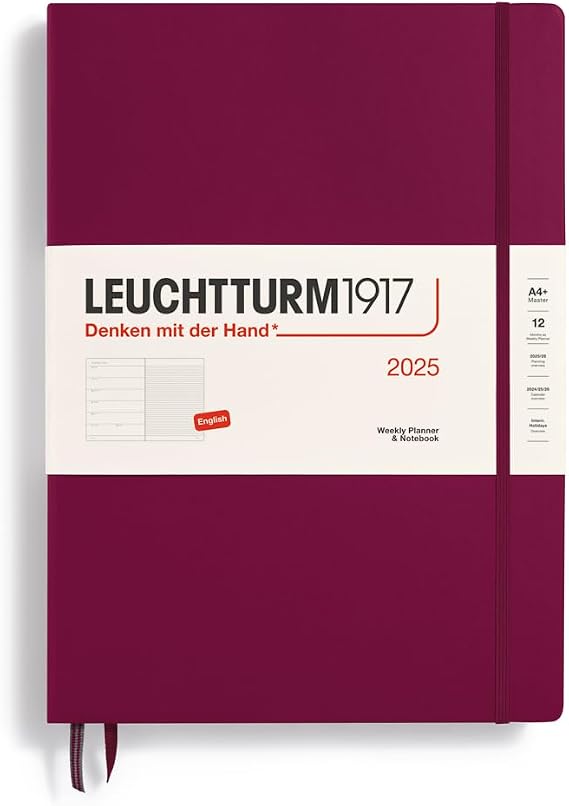 LEUCHTTURM1917 370731 Weekly Calendar & Notebook 2025, Master A4+ Hardcover - 12-Month Planner, Lined - Port Red, English