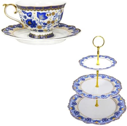 ACMLIFE Bone China Tea Cups and Saucers, 3 Tier Cupcake Stands for Dessert Table, Blue and White