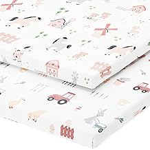 Joey + Joan Pack and Play Sheets Fitted Compatible with 4moms Breeze Plus Playard and Other Large Playpen Mattress Buttery Soft 100% Cotton Farm Animals 2 Pack