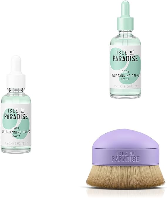 Isle of Paradise Self Tanning Face Drops Medium (30ml), Body Drops Medium (75ml) + Kabuki Brush Bundle