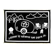 LED Illuminated Border RV Home Mat, Stylish Camping 8-Feet x 18-Feet, Black/White
