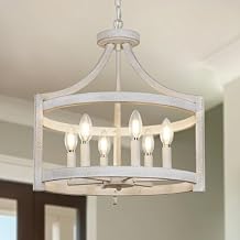 6-Light Farmhouse Chandelier, 19.3'' Vintage Chandeliers for Dining Room, Antique White Semi Flush Mount Ceiling Light, Rustic Metal Hanging Pendant Light Fixture for Entryway Foyer Hallway