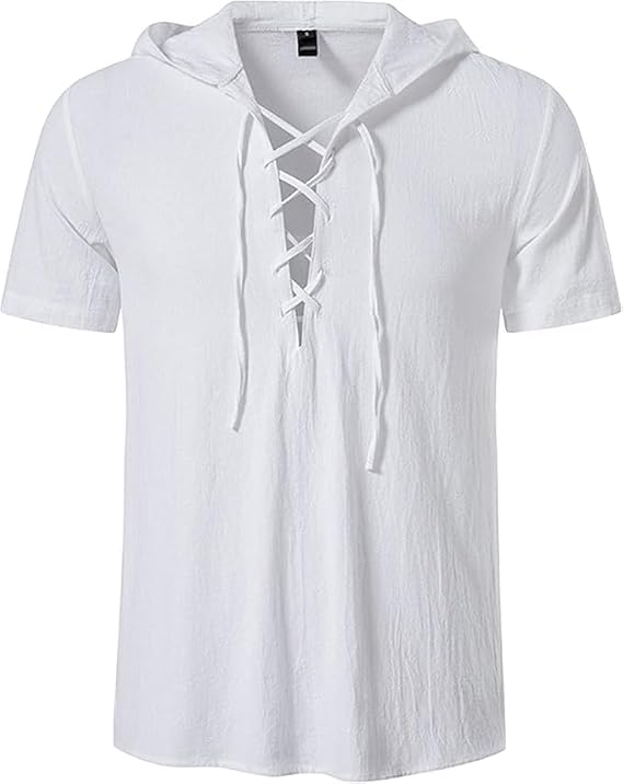 Men's Casual Hooded Short Sleeve T-Shirt Solid Cotton Drawstring Hoodies Shirts Gym Athletic Hippie Yoga Tops