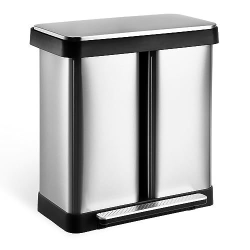 Kitchen Trash Can,Dual Trash Can,16 Gallon Dual Garbage Can,Dual Trash And Recycling Bins For Kitchen, Large Capacity 60 Liter Trash Can with Soft-Close Foot Pedal, Wide Stainless Steel Shape