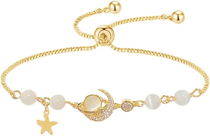 Dainty Planet Moon Star Link Bracelet 18k Gold-Tone Plated Adjustable Chain Sparkling Cubic Zirconia Chic Cat Eye Beaded Delicate Bracelets for Women Party Jewelry Best Gift Birthday Valentine's Day Xmas