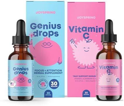 JoySpring Genius Drops & Vitamin C - School Backup Bundle | Kids Vitamins Naturally Sourced, Non-GMO, Non-Alcoholic Liquid Formula, Immunity Health Support | Vegan & Vegetarian Supplement Drops