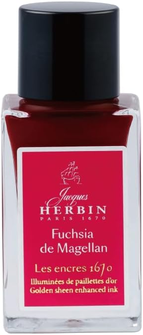 Jacques Herbin 16063JT - A Bottle of Gold Glitter Ink for Fountain Pen, Rollerball, Glass Nib and Penholder 15 ml, Fuchsia de Magellan - Calligraphy, Writing