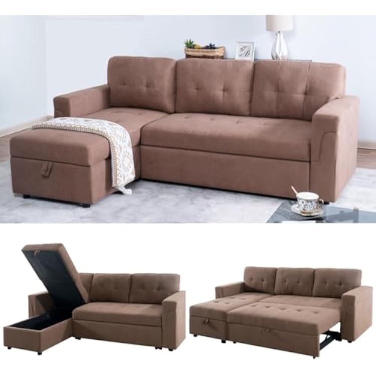 Naomi Home Transform Any Space: Sleeper Sectional Sofa with Convertible Sofa Bed & Inviting Chaise. Find Tranquil Comfort with Stress-Relieving Design & Durable Cushions - MochaVelvet