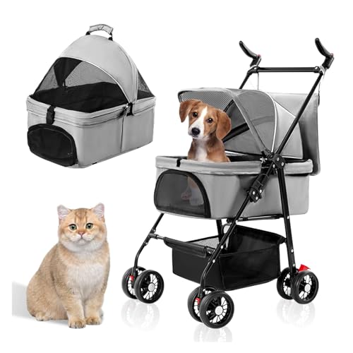3-in-1 Folding Dog Stroller,Multifunction Dog Cat Jogger Stroller,4 Wheel Foldable Pet Stroller with Detachable Carrier Storage Basket&Storage Bag for Medium Small Dogs Cats,Gray