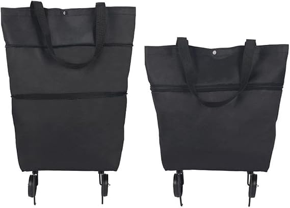 Folding Shopping Bag on Wheels Versatile Trolley for Groceries & Vegetables Compact Organizer with Small Green Flower Design(Small Black)