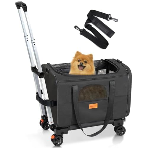 Morpilot Cat Carrier with Wheels Airline Approved, Pet Dog Carrier with Wheels for Small Dogs, Rolling Cat Carrier for Cats Puppy, Stroller Detachable and Foldable Pet Travel Bag Large - Dark Gray