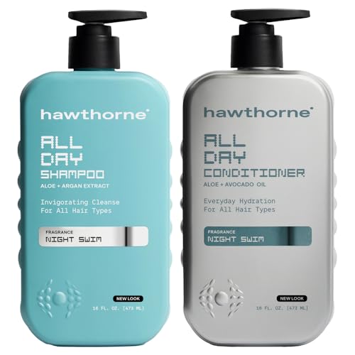 Hawthorne All Day Mens Shampoo and Conditioner Set. Sulfate Free Shampoo and Conditioner with Pure Avocado Oil and Aloe For Stronger, Healthier Hair. Night Swim Cologne Scent. 16 fl. oz. each.