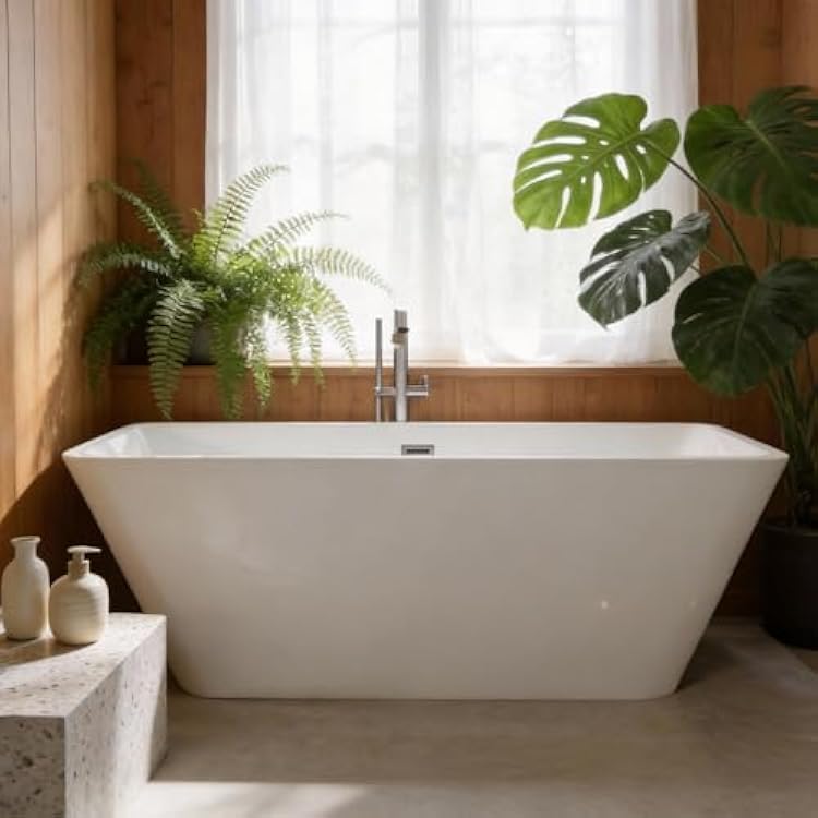 GarveeHome 59 Freestanding Bathtub, Deep Soaking Acrylic Tub for Adults, Standalone with Integrated Overflow Drain, CUPC Certified, Modern Bathroom Tub, White