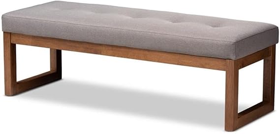 BOWERY HILL Tufted Upholstered Bench, Grey Fabric and Walnut Brown Finish, 52 in Wide Rubberwood Frame, Modern Rectangular Design, Living Room or Entryway Seating