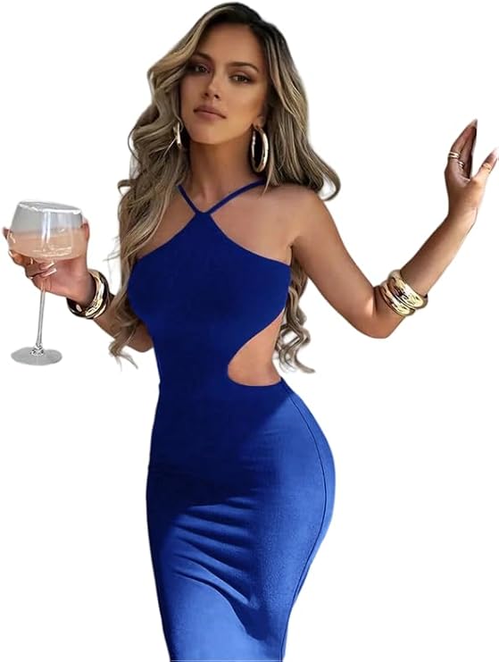 Midi Halter Cut Out Bodycon Backless Cami Dress Sexy Formal Prom Tie Dresses