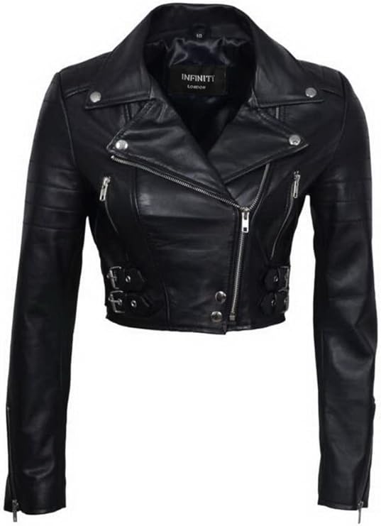 Womens Chic Black Cropped Leather Biker Jacket