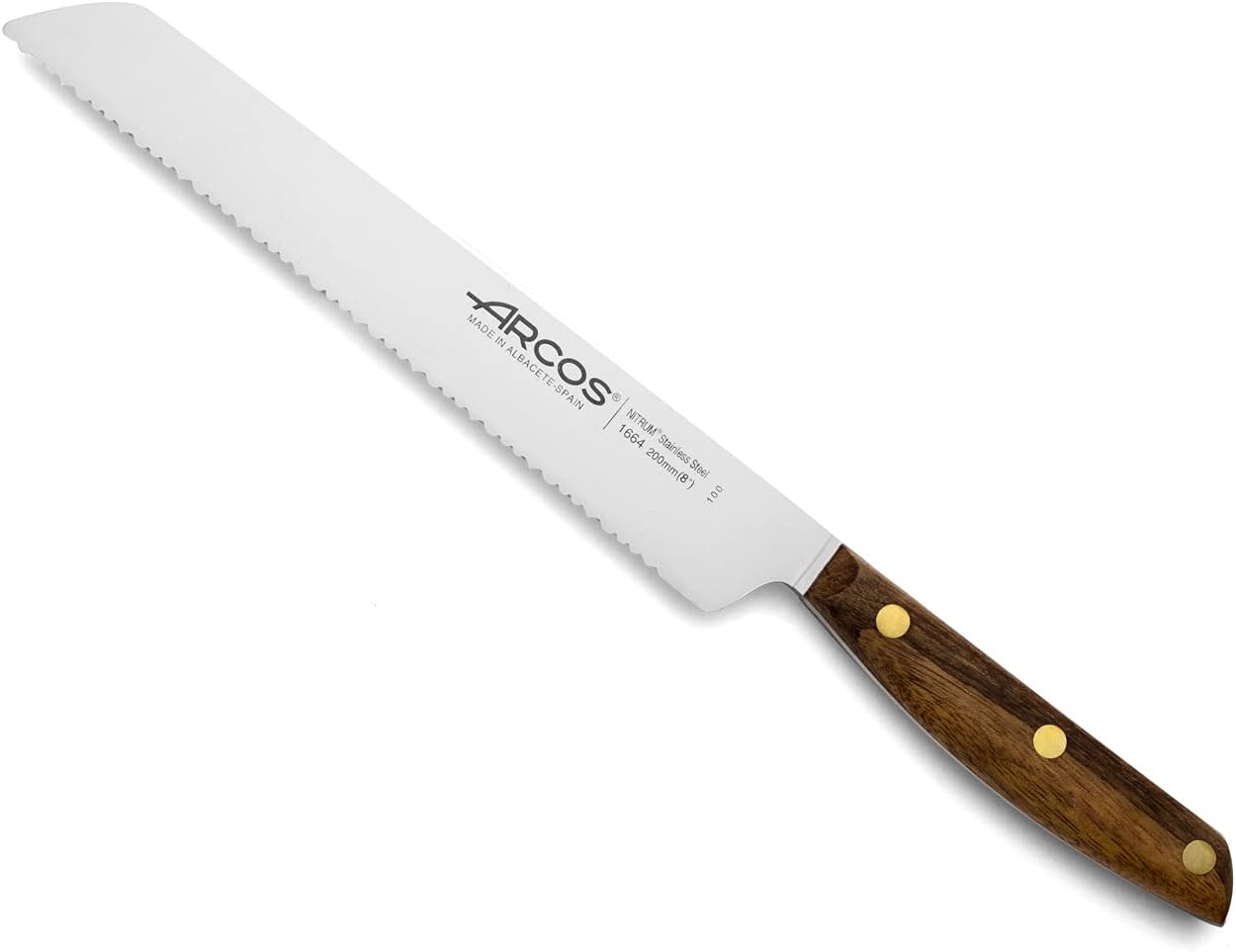 Arcos Bread Knife 8 Inch Nitrum Stainless Steel and 200 mm blade. Obtain a great variety of cuts for your food. Ideal knife for daily domestic use. Series Nordika. Color Brown