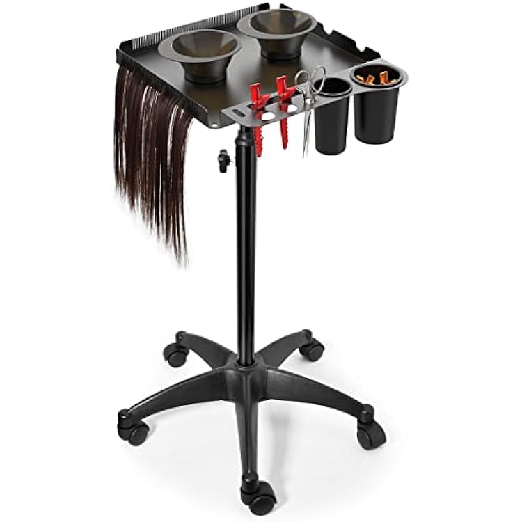 Salon Rolling Cart With 2 Magnetic Bowls, Height Adjustable Metal Aluminum Tray on Wheels for Hair Stylist, Extension Tool, Tattoo - Stickless Wheels