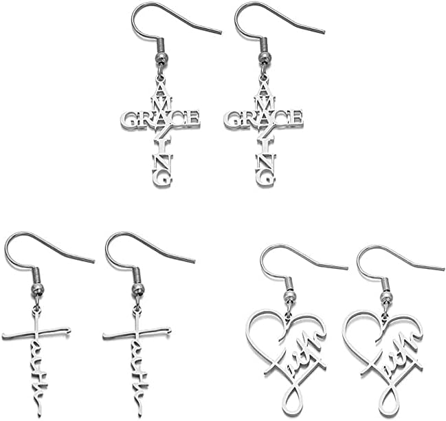 Amazing Grace Earring Stainless Steel Letter Cross Earring Pendant Ear Decoration Amazing Grace Pattern Earring for Women Religious Faith Christian Jewelry Set