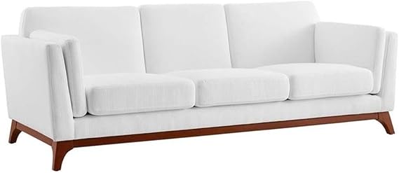 Allora Mid Century Modern Sofa, 83.5 in Wide Upholstered Polyester Fabric, Solid Wood Frame, Removable Cushions, White Finish, Low Profile for Living Room Seating