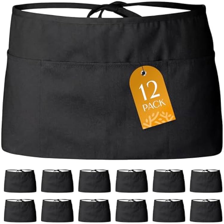 White Classic 12 Pack - Black Server Waist Aprons with 3 Pockets, Waitress Half Apron