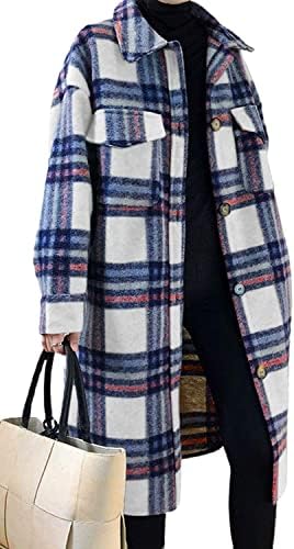 CHARTOU Womens Lightweight Spread Collar Wool Blend Plaid Midi Long Shacket Trench Coat