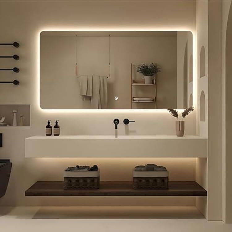 Modern Bathroom Vanity - with Sink and LED Anti-Fog Mirror | Gesture Sensor Lighting | Corian Integrated Basin | Stylish Bathroom Vanity Cabinet | with Storage ShelvesSmart Mirror,64 in
