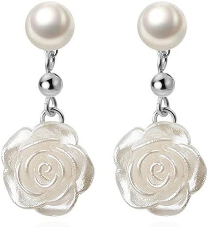 Reffeer Solid 925 Sterling Silver Flower Drop Earrings Dangle for Women Teen Girls Imitation Pearl Drop Earrings Flower for Wedding