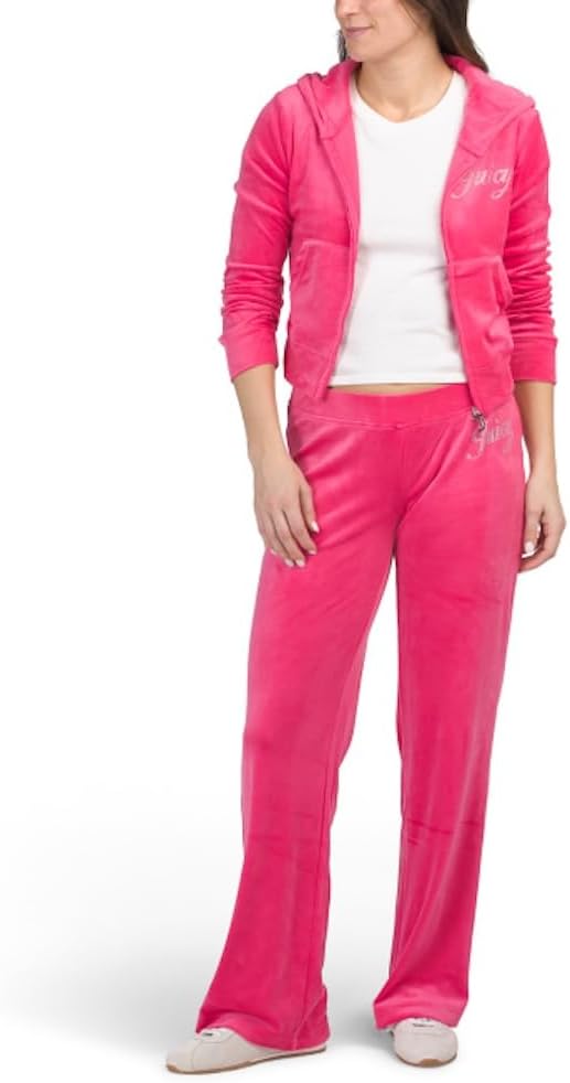 Juicy Couture Logo Script Soft Velour Tracksuit Set, 2 Piece Zip Hoodie and Pants with Rhinestone Embellishments