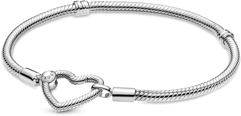 PANDORA Snake Chain Sterling Silver Bracelet With Heart Clasp, Size 19 cm