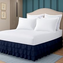 King Bed Skirt Multi Ruffled Navy Blue Bedskirt with 24" Drop Hotel-Quality Dust Ruffle for Easy Fitting Brushed Fabric (Navy Blue, King Size)